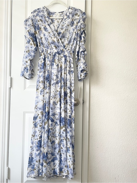 Kate And Lily Dresses & Skirts - Womens Blue Floral Wrap Maxi Dress Ruffle Sleeves VNeck Boho Summer Wedding Chic